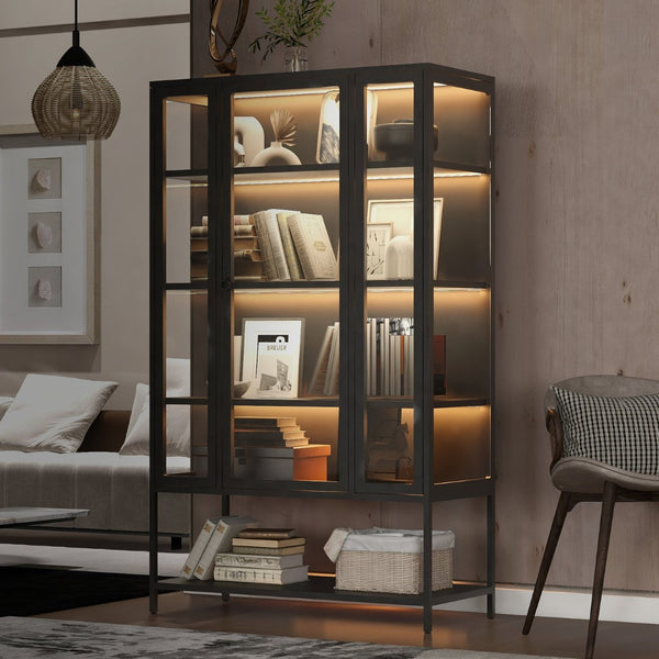 English Elm 67.25'' Tall Steel Curio Cabinet with Led Lighting and Tempered Glass Panels Black SN845P263995B