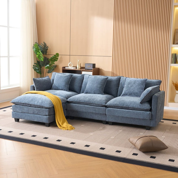 English Elm Beige Chenille Sectional Sofa with Modular Ottoman for Living Room or Studio Blue W2603S00007
