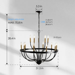 English Elm 15-light Industrial Farmhouse Chandelier Matte Black Iron Gold Candelabra Dining Foyer W5008P479818