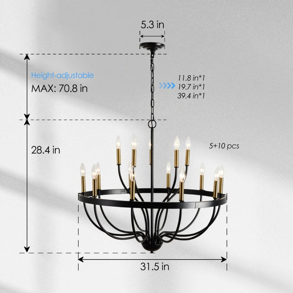English Elm 15-light Industrial Farmhouse Chandelier Matte Black Iron Gold Candelabra Dining Foyer W5008P479818