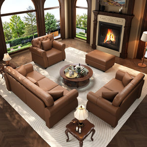 English Elm Upholstered Faux Leather Chesterfield Sofa Button Tufted with Nailhead and Six Pillows Brown W1885S00433