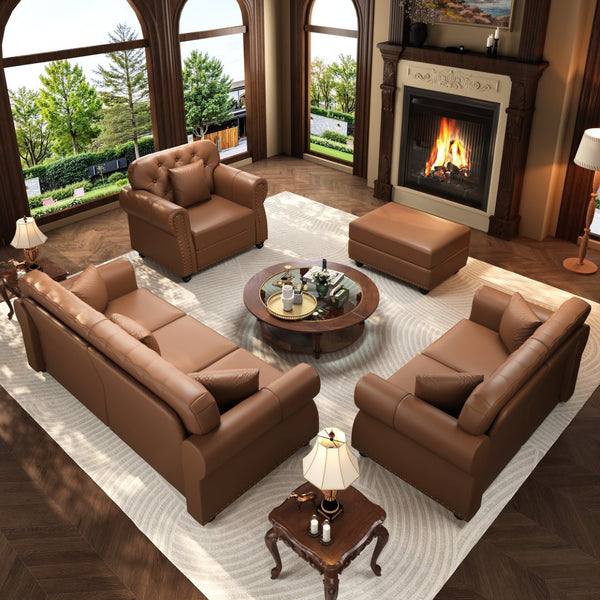 English Elm Upholstered Faux Leather Chesterfield Sofa Button Tufted with Nailhead and Six Pillows Brown W1885S00433