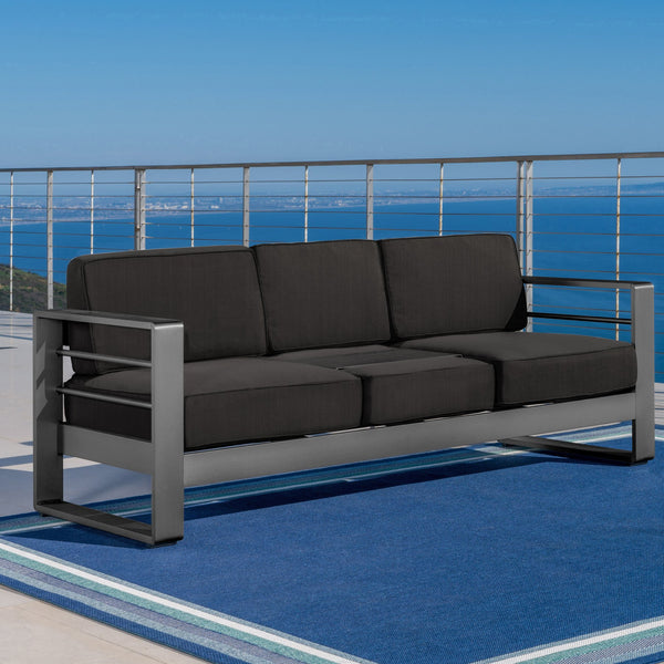 English Elm Christopher Knight Home® - CAPE modern 3-seater outdoor sofa with aluminum frame, convertible tray table, water-resistant cushions DARK GREY 58981.00CUSGRY