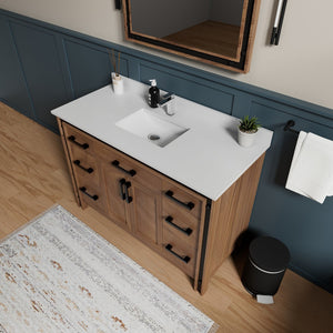 English Elm Rustic Barnwood 48" Bath Vanity with White Quartz Top, Chrome Faucet, 34" Mirror, Scratch-Resist Durable B2731S01347