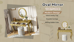 English Elm Luxury Makeup Vanity Desk with Oval Mirror and Engraved Floral Frame, Velvet Jewelry Tray, Durable Drawers and Elegant Console for Bedroom & Living Room Decor Gold N844P292481G