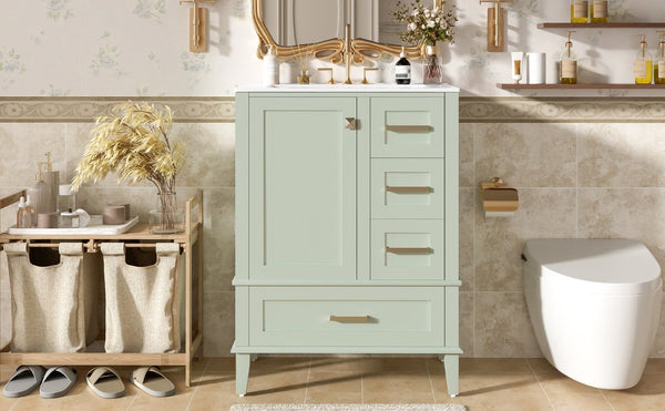 English Elm 24" Olive Bathroom Vanity Solid Wood Frame Ceramic Sink Gold Hardware Soft Close Green N729P373276F