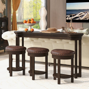 English Elm 4 Piece Bar Table Set with 3 Padded PU Stools, Solid Pine Legs, Oak Veneer Top, Rustic Rivet Accents Espresso W1202P289361