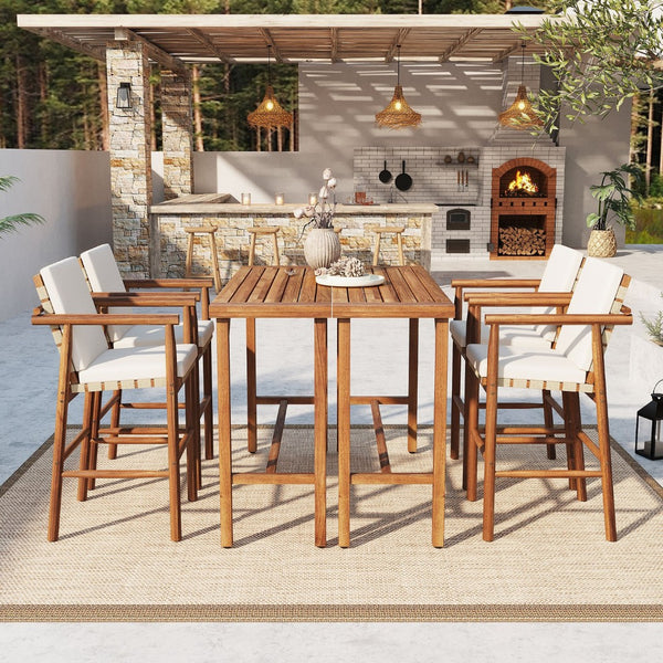 English Elm 6 Piece Acacia Wood Outdoor Bar Set with Cushioned Stools for Patio Poolside Dining N704G201254A