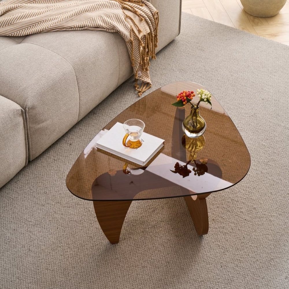 English Elm Glass Top Coffee Table Tempered Surface Oak Wood Base Mid-century Modern Living Room Brown W1718P452048