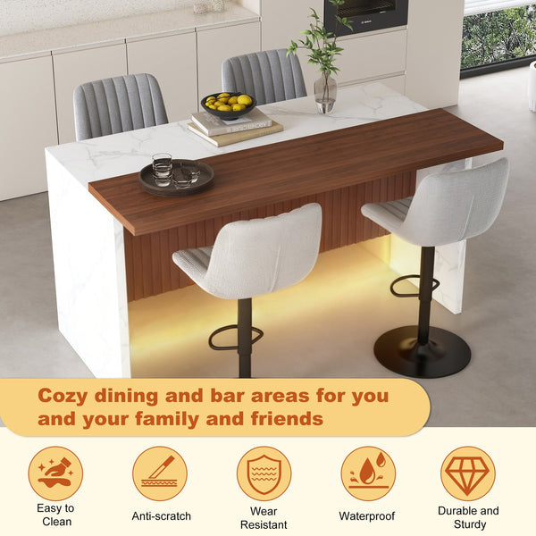 English Elm 63" Modern Kitchen Island Set With 4 Gray Bar Stools - Stylish Marble Finish, Led Light & Versatile Design W2699S00072