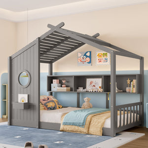 English Elm Twin House Floor Bed for Kids Montessori Playhouse with Roof, Built-In Shelf, Sturdy Pine Frame, Safeologna Gray 78.6 L x 16.6 W x 6.85 H N733P335064E