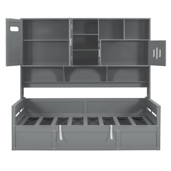 English Elm Twin Size Wooden Daybed With Hydraulic Lift & Integrated Storage Cabinet For Space-Saving Style N820S00046E-GIGA