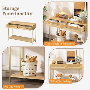 English Elm Trexm Retro Modern Console Table Two Drawers Geometric Matte Black Gold Entryway N715P227910N
