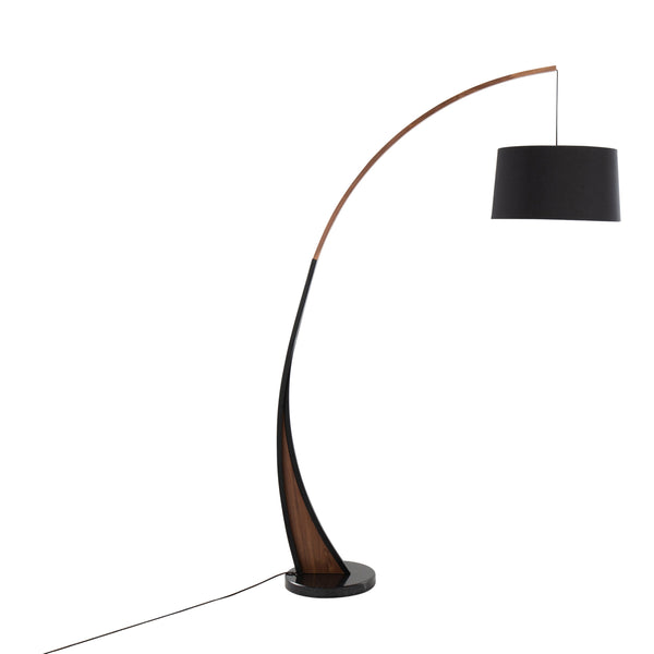 English Elm Noah Mid-Century Floor Lamp with Walnut Arched Frame, Black Linen Shade & Marble Base by LumiSource B202S01393
