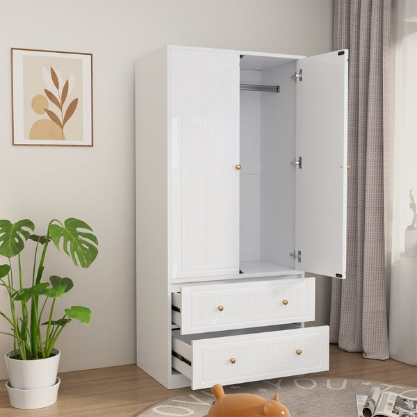English Elm Armoire Wardrobe with Soft Close Doors Two Drawers Mdf Wood Bedroom Storage White T3773P416712