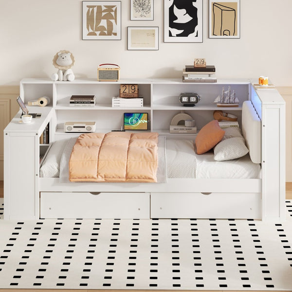 English Elm Wood Twin Size Platform Bed With Drawers, Charging Station, Led Light, Desk, & Upholstered Headboard N7090001046K-GIGA