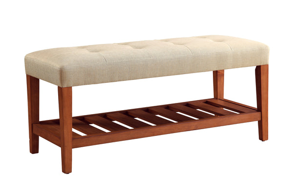 English Elm Charla Tufted Beige Fabric Bench with Oak Legs & Slatted Shelf — Plush Foam, Storage, Modern Chic B2726P255340