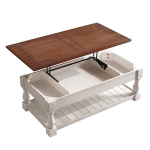 English Elm Farmhouse Coffee Table Solid Planked Wood with Open Shelf Square Baluster Living Room Antique Espresso,Antique White W1445P362858