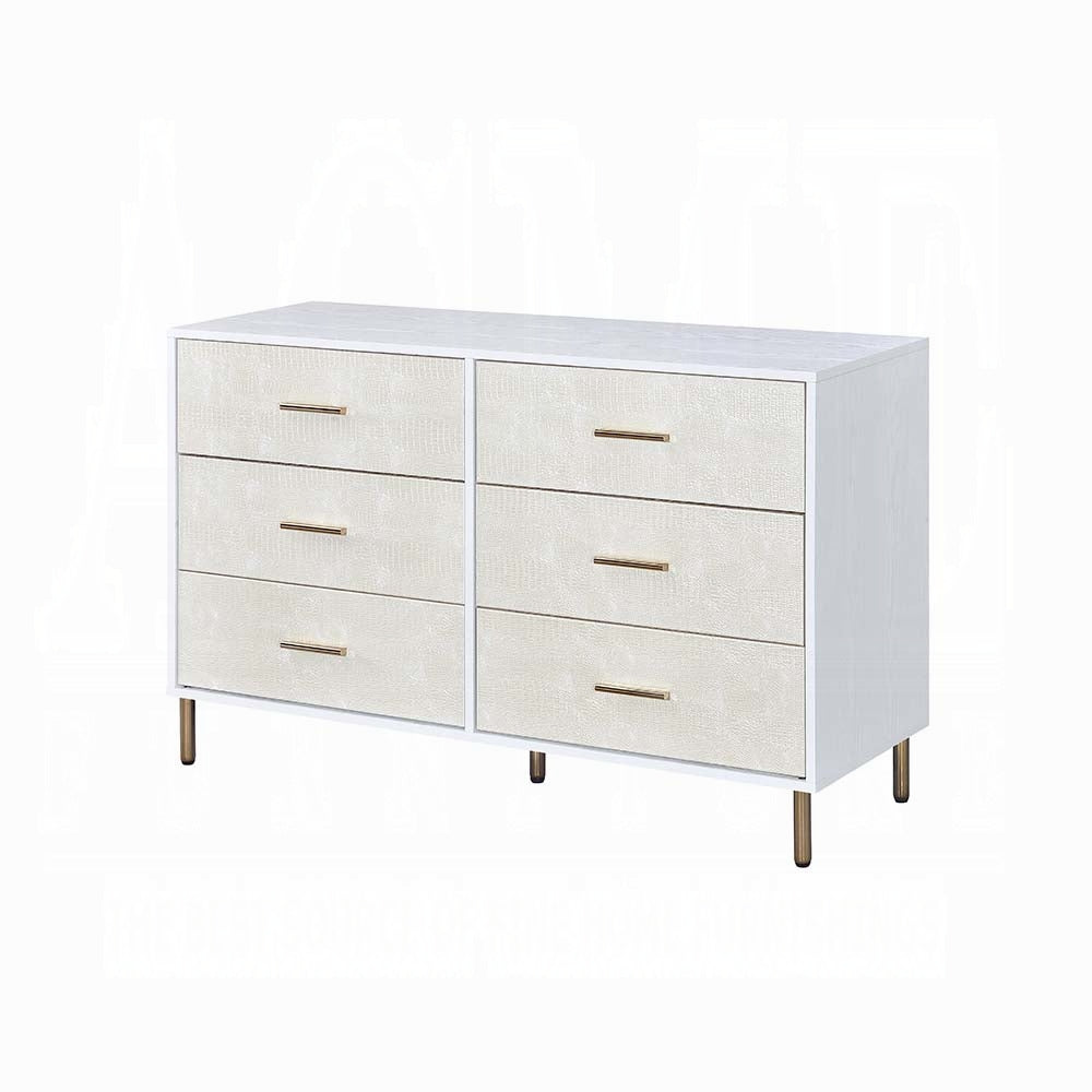 English Elm White Champagne Faux Crocodile 6-Drawer Dresser with Gold Legs and Pulls — Elegant White Frame, Luxe Texture, 47" Wide Storage Retreat B062P209045