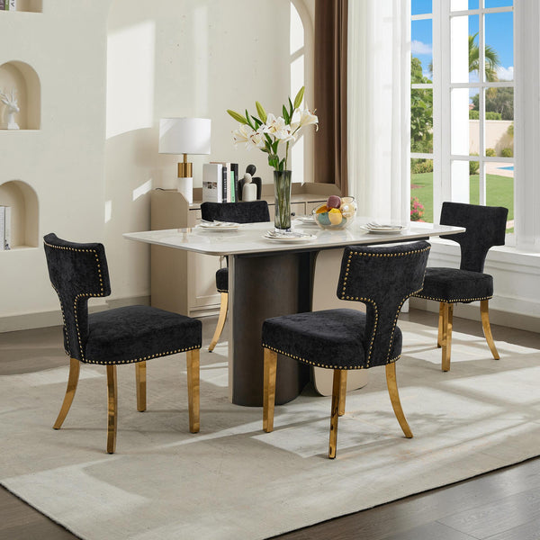 English Elm Mid Mid Century Modern Dining Chair Set with Curved Copper-Nail Backrest, High-Density Foam Seat, Brushed Stainless Legs Black W1143P314903