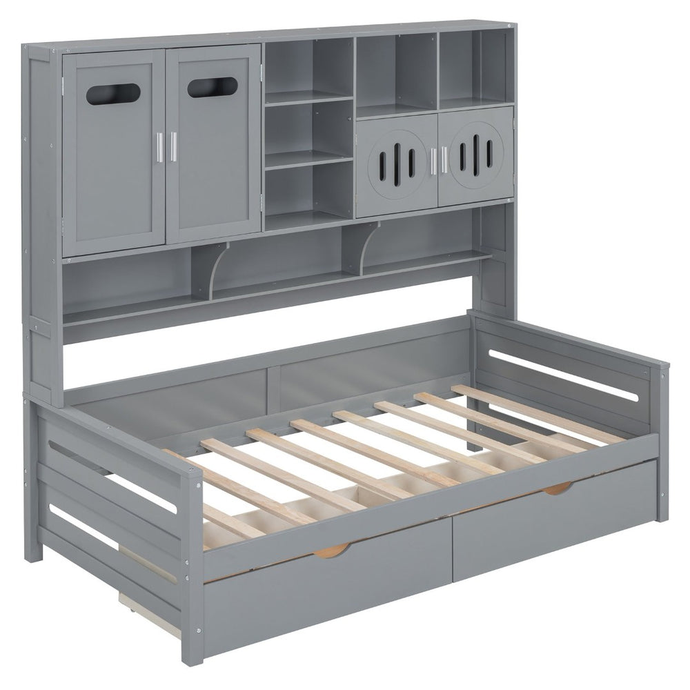 English Elm Twin Size Wooden Daybed With Storage Drawers, Sleek Gray Finish, Cabinet & Shelf For Space-Saving Use N820S00015E-GIGA