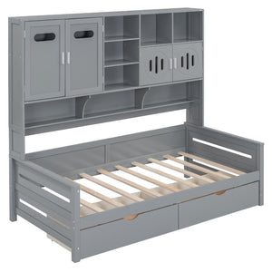 English Elm Twin Size Wooden Daybed With Storage Drawers, Sleek Gray Finish, Cabinet & Shelf For Space-Saving Use N820S00015E-GIGA