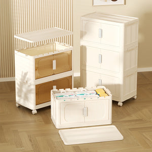 English Elm Cream 4-Tier Folding Storage Cabinet On Wheels – Versatile, Collapsible & Durable Organization Solution W2873P239387