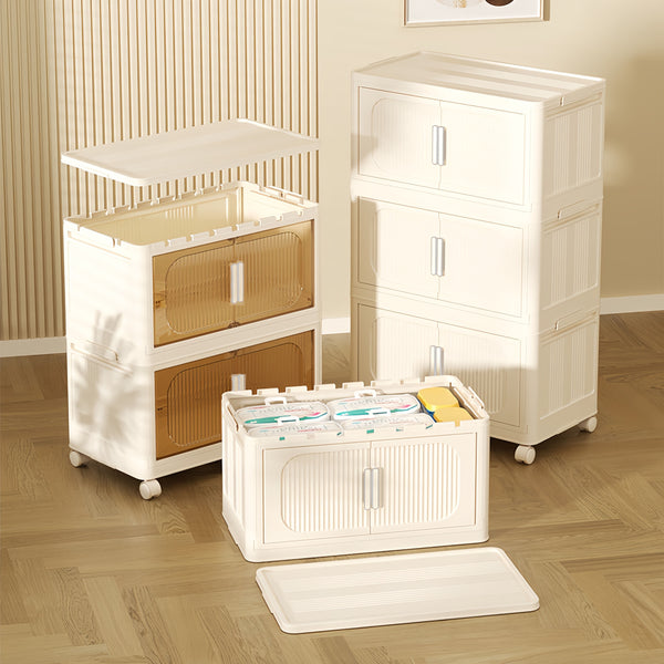 English Elm Cream 4-Tier Folding Storage Cabinet On Wheels – Versatile, Collapsible & Durable Organization Solution W2873P239387