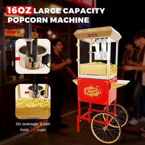 English Elm 16oz Commercial Popcorn Machine with Steel Cart Tempered Glass and 3 Switch Panel Golden,Red W2841P337587