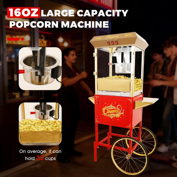 English Elm 16oz Commercial Popcorn Machine with Steel Cart Tempered Glass and 3 Switch Panel Golden,Red W2841P337587