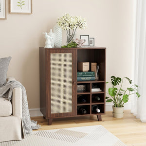 English Elm Rattan Cane Front Sideboard with Drawers Adjustable Shelf Bohemian Storage Cabinet Walnut T3623P434765