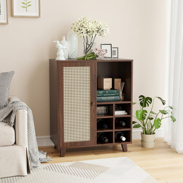 English Elm Rattan Cane Front Sideboard with Drawers Adjustable Shelf Bohemian Storage Cabinet Walnut T3623P434765