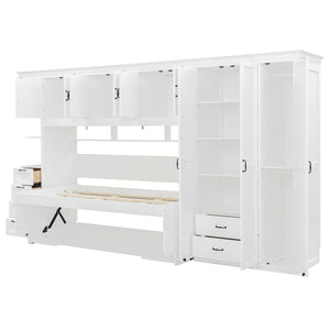 English Elm Twin Murphy Wall Bed with Integrated Desk Wardrobe and Storage Cabinet in White LP000767AAK
