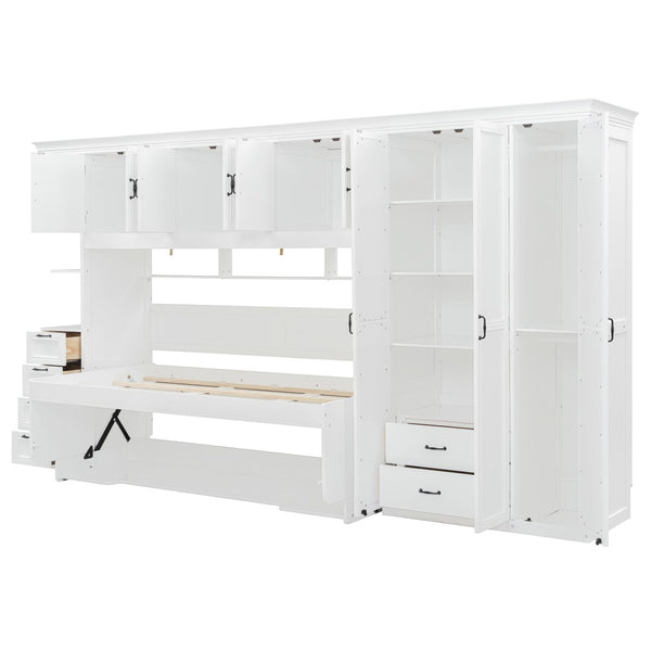 English Elm Twin Murphy Wall Bed with Integrated Desk Wardrobe and Storage Cabinet in White LP000767AAK