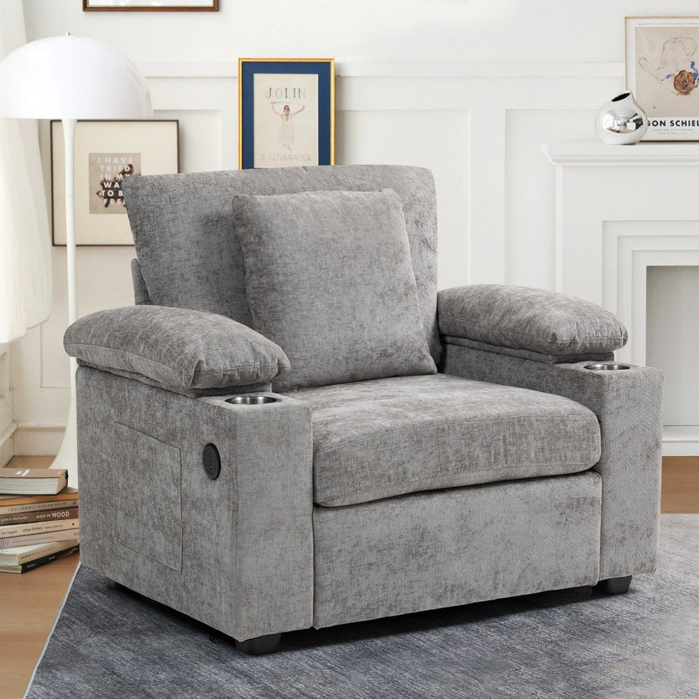 English Elm Modern Oversized Chenille Chair with Ottoman, Sofa Bed Recliner, USB Ports, Cupholders & Storage W2606P255578
