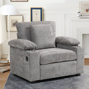 English Elm Modern Oversized Chenille Chair with Ottoman, Sofa Bed Recliner, USB Ports, Cupholders & Storage W2606P255578