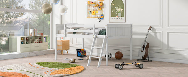 English Elm Full Low Loft Bed Pine Wood with Ladder & Guardrails, Space-Saving Play Area, Secure 350lb Capacity White WF531952AAK