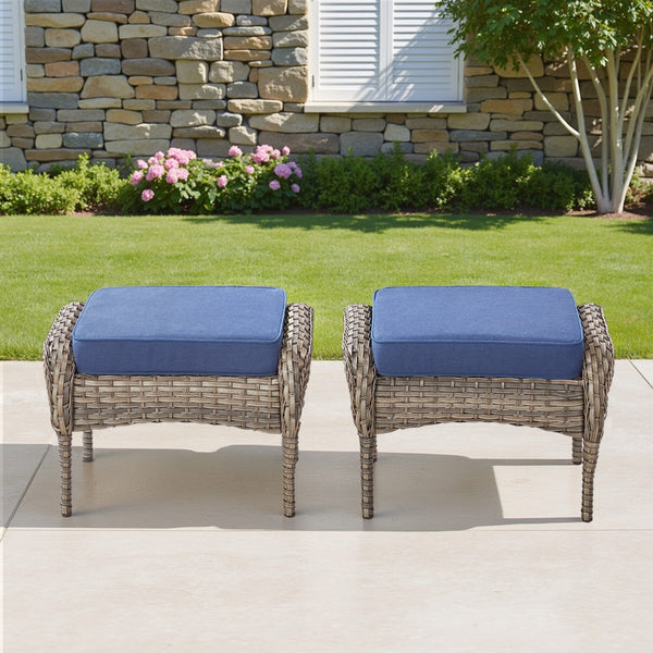 English Elm Outdoor Pe Wicker Patio Ottoman Set of 2 with Cushions for Deck or Backyard Blue T3773P418423