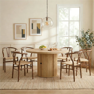 English Elm 6-piece Round Pedestal Dining Set with Woven Wishbone Chairs and Fluted Column Base Walnut,Wood W2920S00152