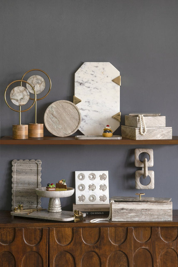 English Elm D10" Round Marble Tray Natural Gray Veined Finish — Elegant Serving, Centerpiece & Home Organizer W2078P407025