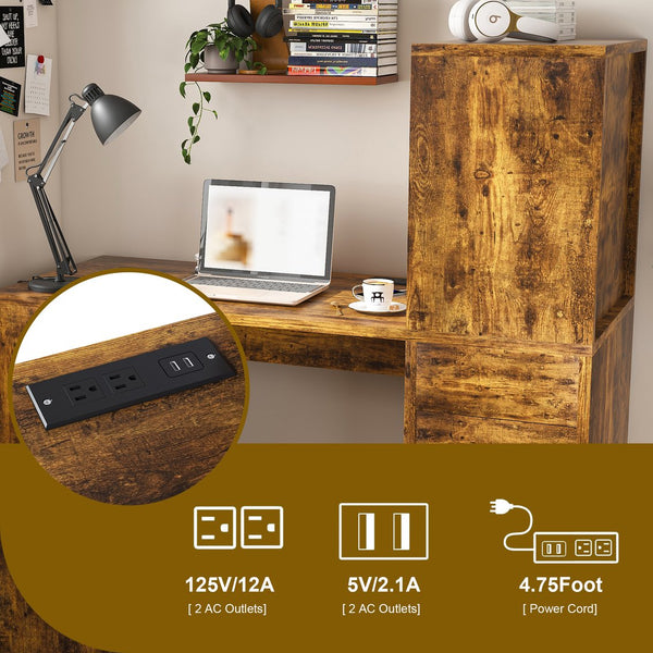 English Elm Computer Desk with 4-in-1 Charging Station, 3 Drawers & 4 Shelves, 15mm MDF Carbonized Finish W2700P349878