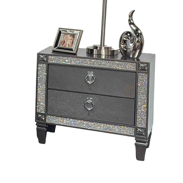 English Elm Glam Two Drawer Nightstand with Acrylic Trim Nickel Pulls and Tapered Legs in Gray B2741P435898