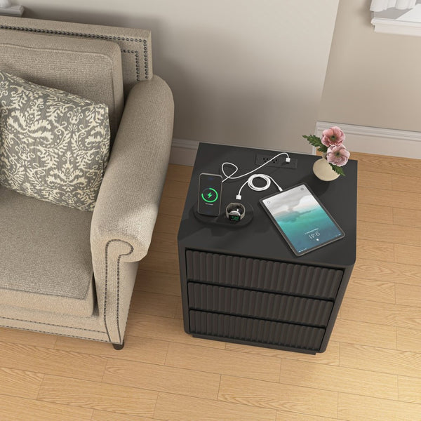 English Elm (set Set of 2 Modern End Tables with Usb-c Charging and Three Drawer Storage for Any Room Black W409P414473