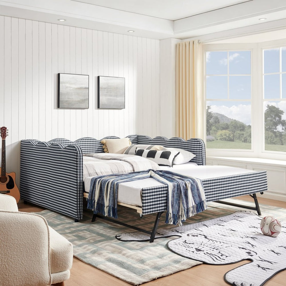 English Elm Full Size Gingham Linen Daybed with Wave Backrest Trundle and Usb Charging Port Navy W1413S00140