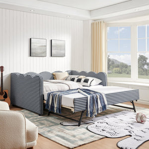 English Elm Full Size Gingham Linen Daybed with Wave Backrest Trundle and Usb Charging Port Navy W1413S00140