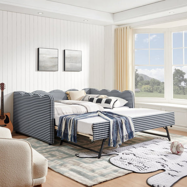 English Elm Full Size Gingham Linen Daybed with Wave Backrest Trundle and Usb Charging Port Navy W1413S00140