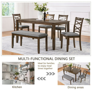 English Elm Elegant 6-Piece Wooden Dining Set With 4 Upholstered Chairs & Bench - Modern Walnut Finish, Comfort & Style W1998S00071