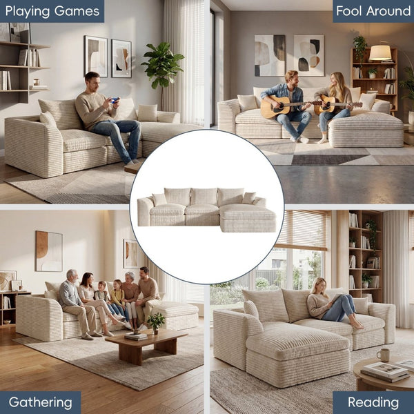 English Elm Modular Cloud Sectional Corduroy Sofa with Reversible Chaise and Memory Foam Comfort Beige White W5638S00005