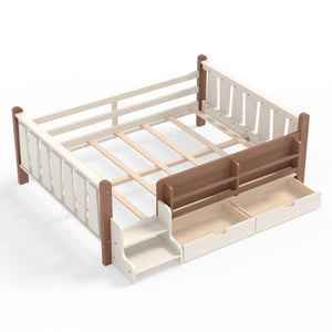 English Elm Twin Kids Platform Bed with Trundle Staircase Bookshelf and Rounded Safety Rails Beige W1580S00539