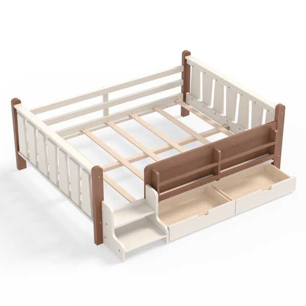 English Elm Twin Kids Platform Bed with Trundle Staircase Bookshelf and Rounded Safety Rails Beige W1580S00539
